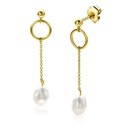 New Zinzi 37mm gold plated zilveren oorstekers met open rondje en kettinkje met bungelend witte zoetwaterparel in organische vorm ZIO2615