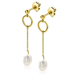 New Zinzi 37mm gold plated zilveren oorstekers met open rondje en kettinkje met bungelend witte zoetwaterparel in organische vorm ZIO2615