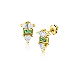 Sale Zinzi 9,5mm gold plated zilveren oorstekers met drie verschillende vormen van zettingen, bezet met groene en witte kleurstenen ZIO2630G