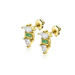 Sale Zinzi 9,5mm gold plated zilveren oorstekers met drie verschillende vormen van zettingen, bezet met groene en witte kleurstenen ZIO2630G