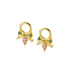 Zinzi 10mm gold plated zilveren oorbedels met vijf speelse zettingen in aflopende grootte, bezet met champagne, peridot en donkergroene kleurstenen ZICH2633GC (zonder oorringen)