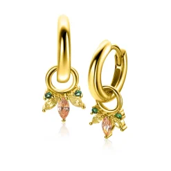 Zinzi 10mm gold plated zilveren oorbedels met vijf speelse zettingen in aflopende grootte, bezet met champagne, peridot en donkergroene kleurstenen ZICH2633GC (zonder oorringen)