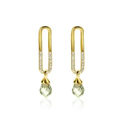 Discount Zinzi 30mm gold plated zilveren oorstekers met trendy open ovale vorm en peervormige hanger groen peridot ZIO2430