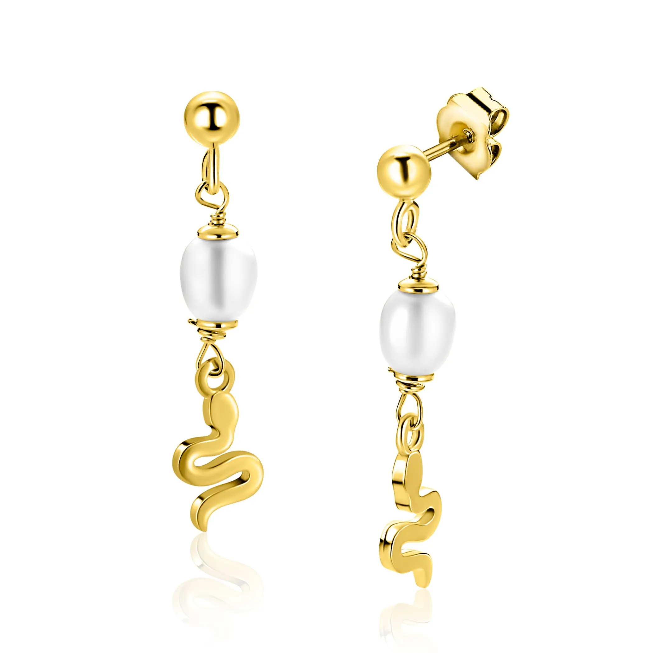 Zinzi 35mm gold plated zilveren oorstekers met slang en witte zoetwaterparel ZIO2761