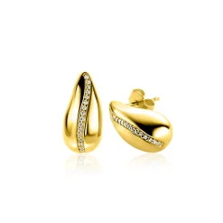 Outlet Zinzi 17mm gold plated zilveren oorstekers in druppelvorm met golvende rij witte zirkonia's ZIO2707Y