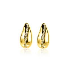 Outlet Zinzi 17mm gold plated zilveren oorstekers in druppelvorm met golvende rij witte zirkonia's ZIO2707Y