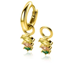 New Zinzi 13mm gold plated zilveren oorbedels met drie peervormige zettingen in aflopende grootte, bezet met peridot, champagne en donkergroene kleurstenen ZICH2631GC (zonder oorringen)