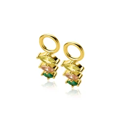 New Zinzi 13mm gold plated zilveren oorbedels met drie peervormige zettingen in aflopende grootte, bezet met peridot, champagne en donkergroene kleurstenen ZICH2631GC (zonder oorringen)
