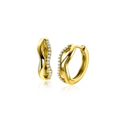 Outlet Zinzi 15mm gold plated zilveren oorringen organisch gevormd met twee golvende banen, waarvan één bezet met witte zirconia's, met luxe klapsluiting ZIO2629Y