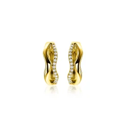 Outlet Zinzi 15mm gold plated zilveren oorringen organisch gevormd met twee golvende banen, waarvan één bezet met witte zirconia's, met luxe klapsluiting ZIO2629Y
