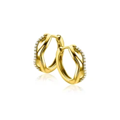 Outlet Zinzi 15mm gold plated zilveren oorringen organisch gevormd met twee golvende banen, waarvan één bezet met witte zirconia's, met luxe klapsluiting ZIO2629Y