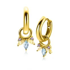 Discount Zinzi 10mm gold plated zilveren oorbedels met vijf speelse zettingen in aflopende grootte, bezet met paarse, champagne en blauwe kleurstenen ZICH2633BC (zonder oorringen)