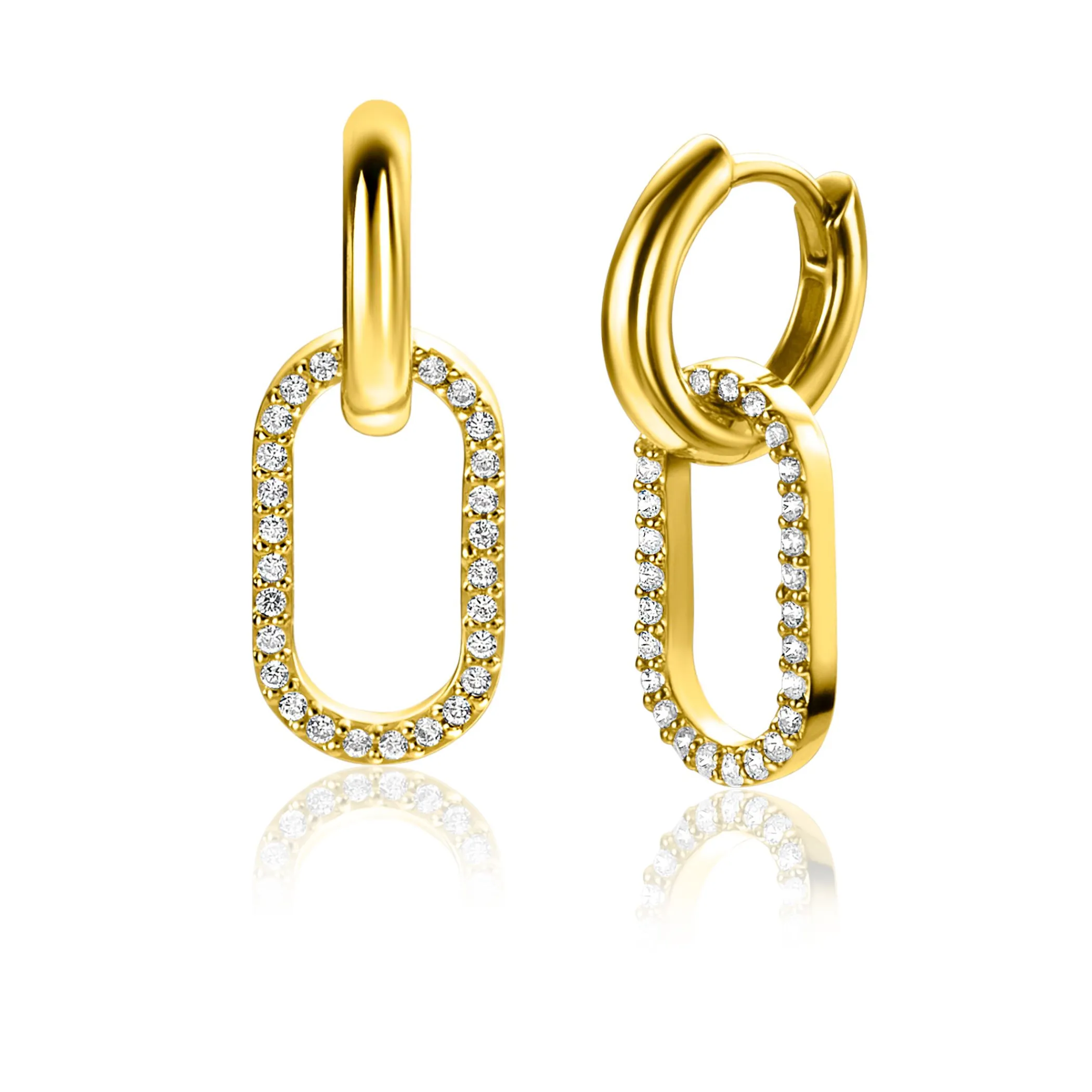 Best Zinzi 15mm gold plated zilveren oorbedels ovale vorm witte zirconia's ZICH2444 (zonder oorringen)