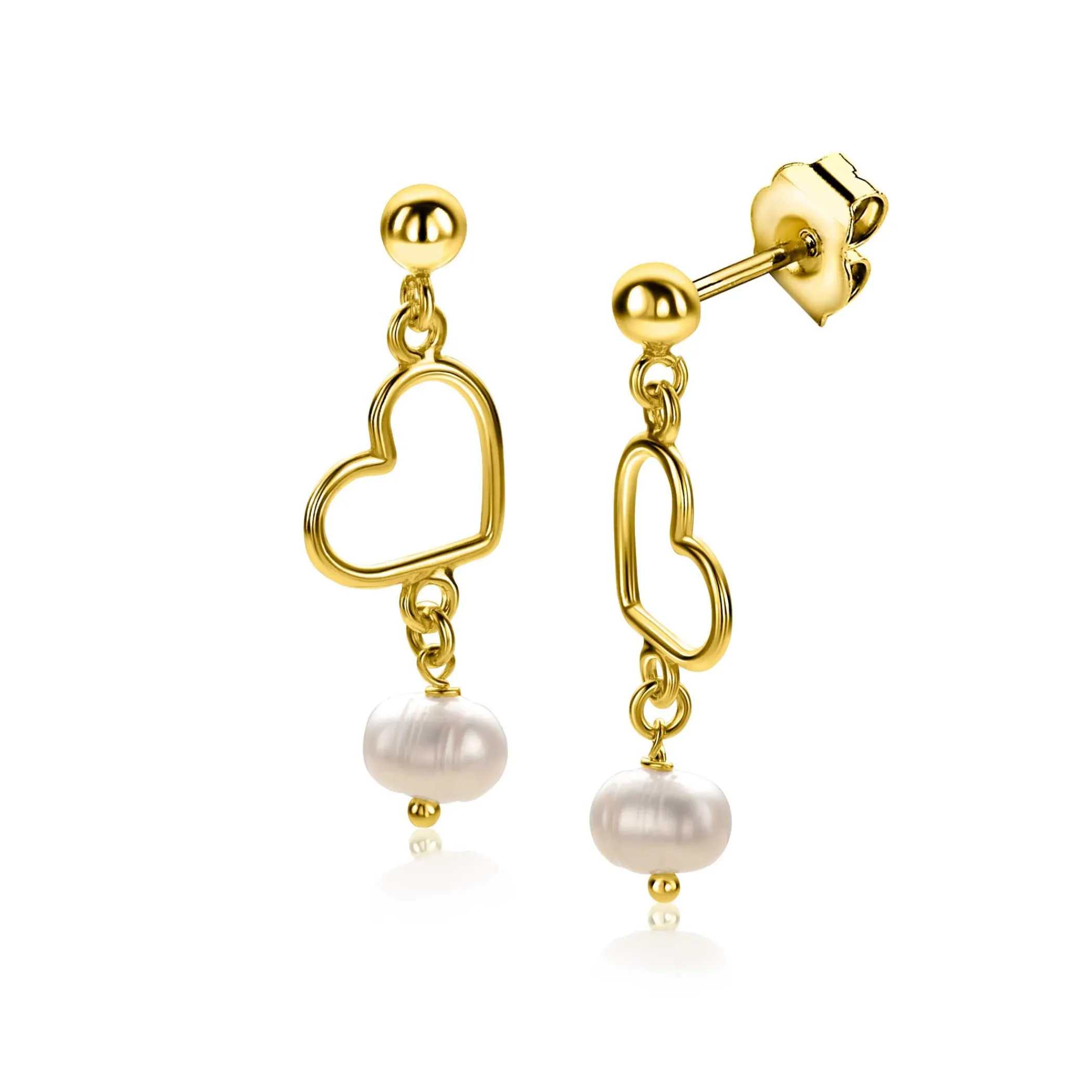 Best Zinzi 30mm gold plated zilveren oorstekers met open hartje en bungelend witte zoetwaterparel ZIO2642