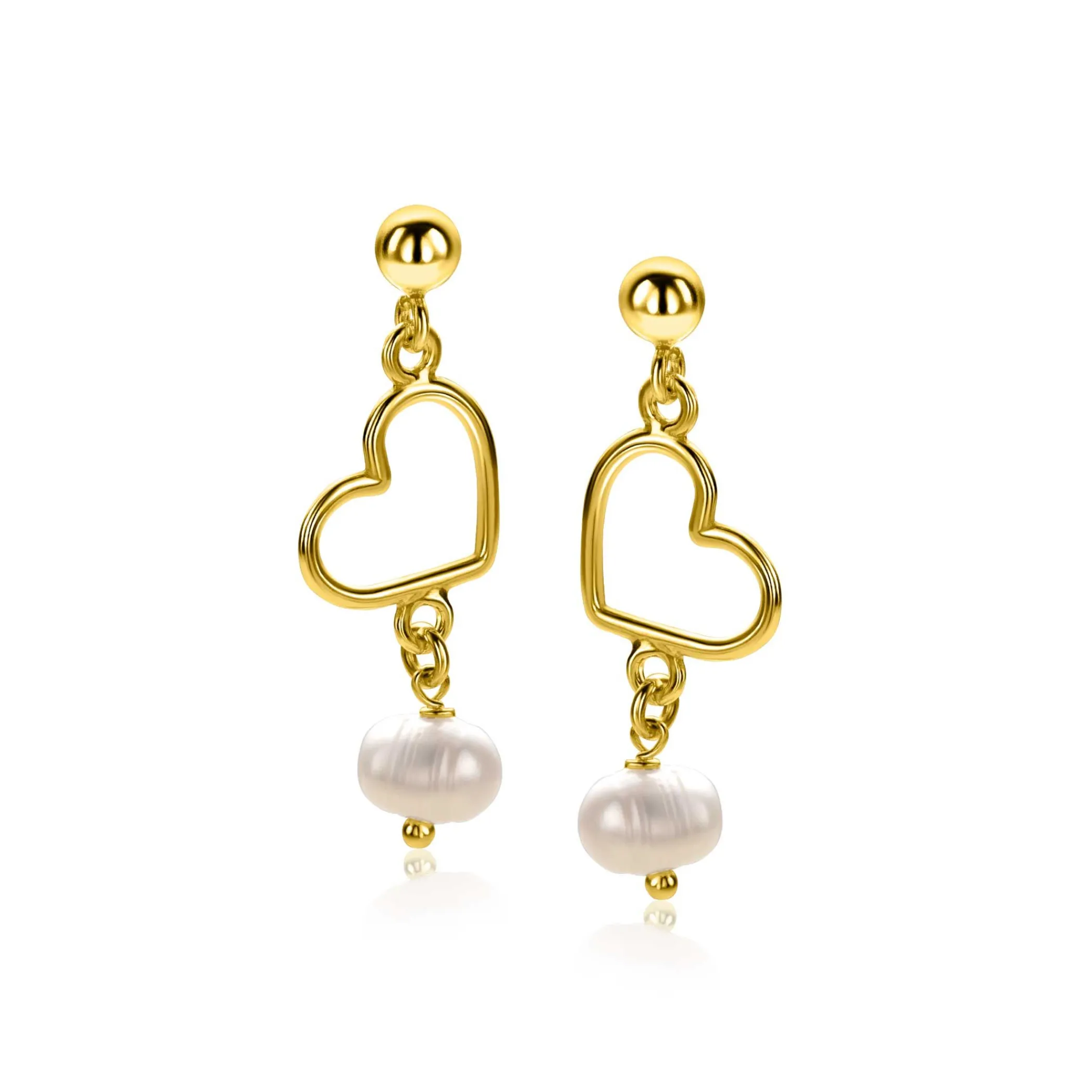 Best Zinzi 30mm gold plated zilveren oorstekers met open hartje en bungelend witte zoetwaterparel ZIO2642