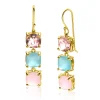 New Zinzi 43mm gold plated zilveren oorhangers met drie trendy vierkante kleurstenen in roze en turquoise ZIO2454