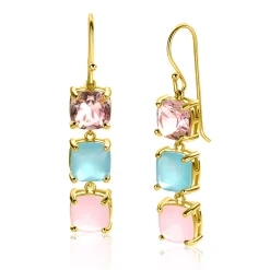 New Zinzi 43mm gold plated zilveren oorhangers met drie trendy vierkante kleurstenen in roze en turquoise ZIO2454