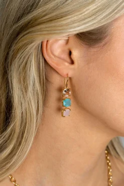 New Zinzi 43mm gold plated zilveren oorhangers met drie trendy vierkante kleurstenen in roze en turquoise ZIO2454