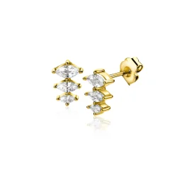Best Zinzi 8mm gold plated zilveren oorstekers met drie peervormige zettingen in aflopende grootte, bezet met witte zirconia's ZIO2631