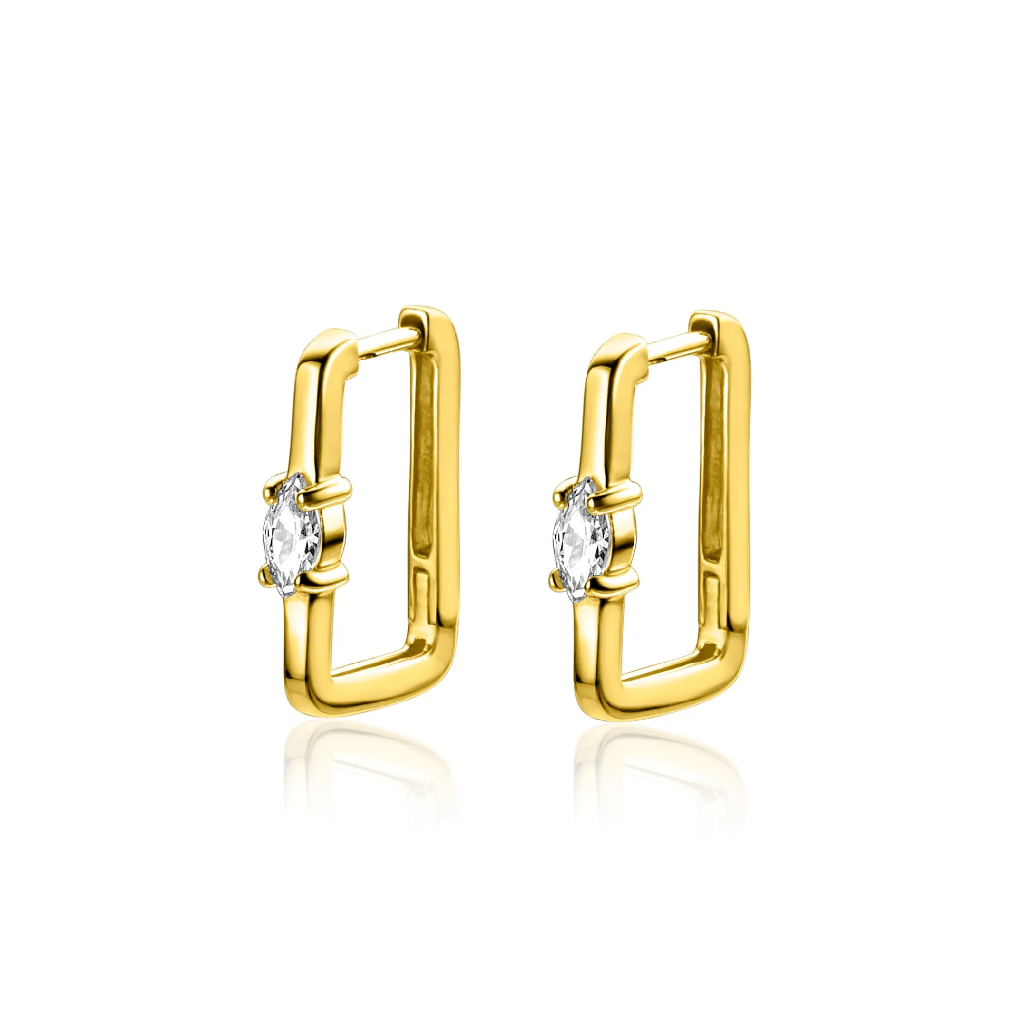 New Zinzi 15mm gold plated zilveren rechthoekige oorringen ovale witte zirconia met luxe klapsluiting 15mm x 2mm vierkante buis ZIO2448G