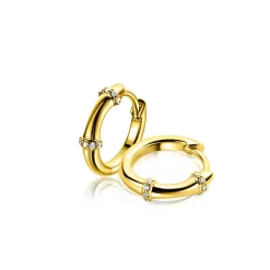New Zinzi 15mm gold plated zilveren oorringen met bamboo uitstraling, bezet met witte zirkonia's en luxe klapsluiting ZIO2687Y