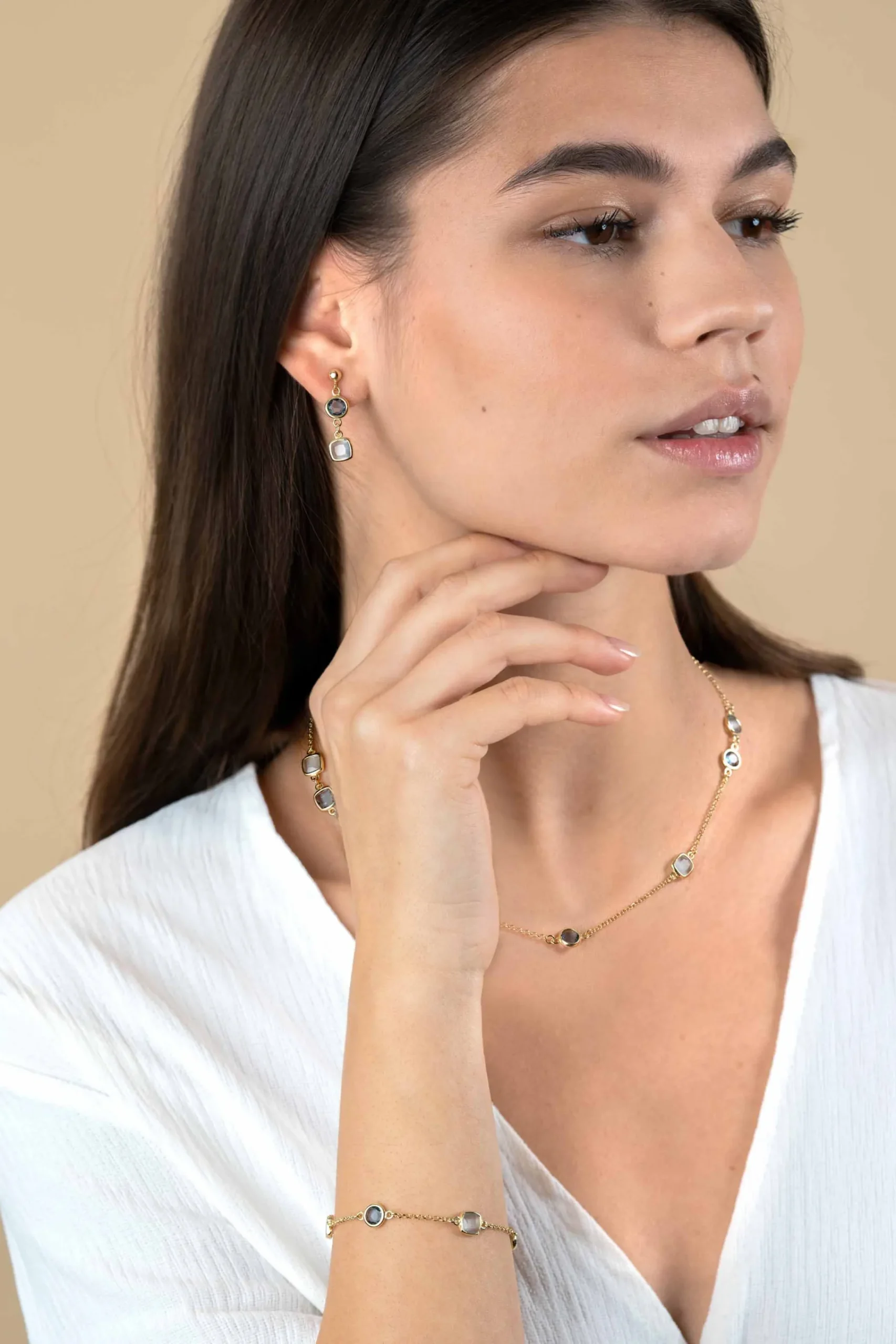 Best Zinzi 28mm gold plated zilveren oorstekers rond vierkant jeansblauw en witgrijs ZIO2526G