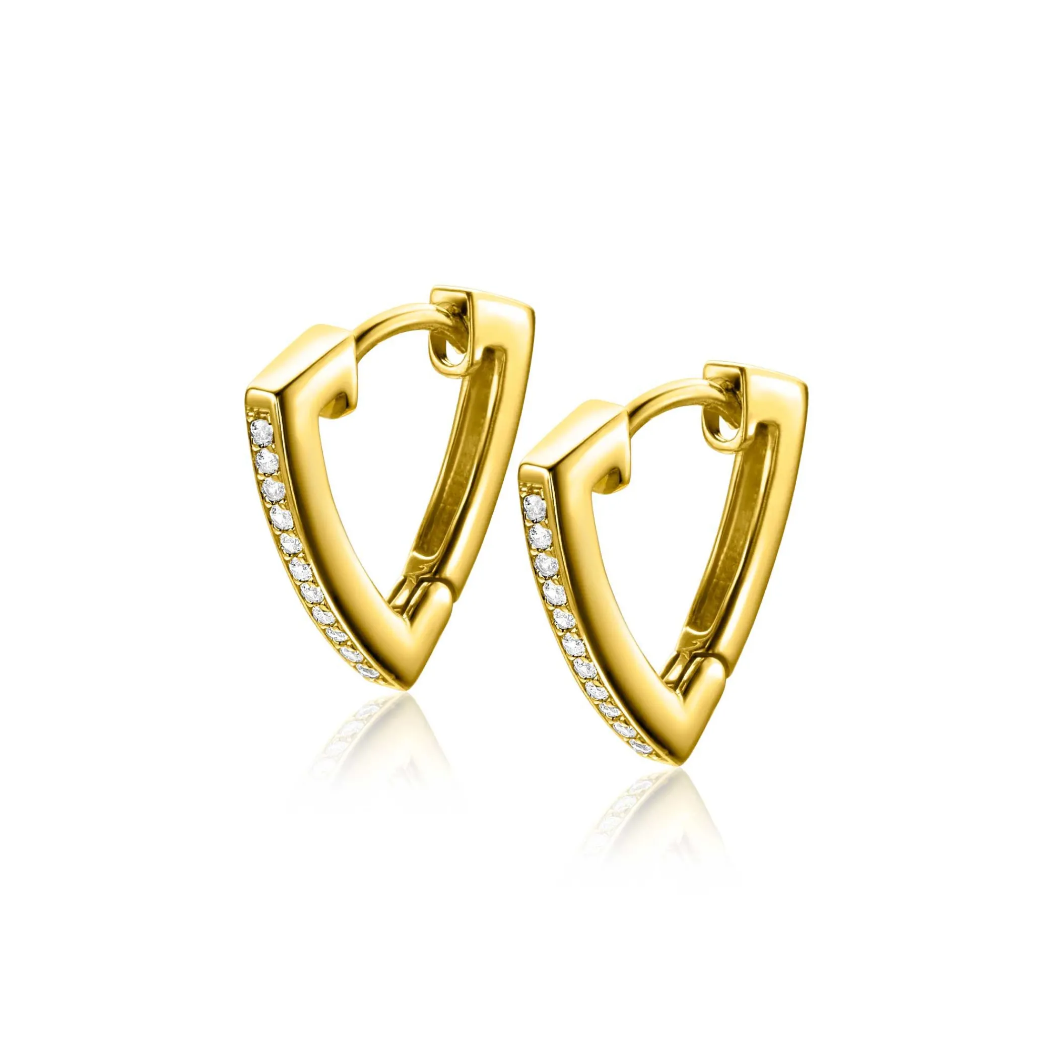 Hot Zinzi 14mm gold plated zilveren oorringen driehoeksvorm bezet met witte zirconia's ZIO2607