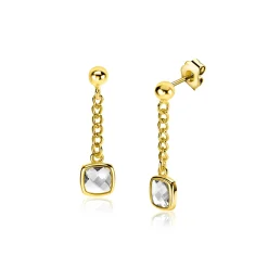 Discount Zinzi 25mm gold plated zilveren oorstekers met gourmet kettinkje en vierkante zetting bezet met witte zirconia ZIO2417Y