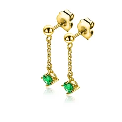 Online Zinzi 26mm gold plated zilveren oorstekers met kettinkje en een bungelende ronde groene kleursteen ZIO2660G