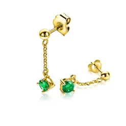 Online Zinzi 26mm gold plated zilveren oorstekers met kettinkje en een bungelende ronde groene kleursteen ZIO2660G