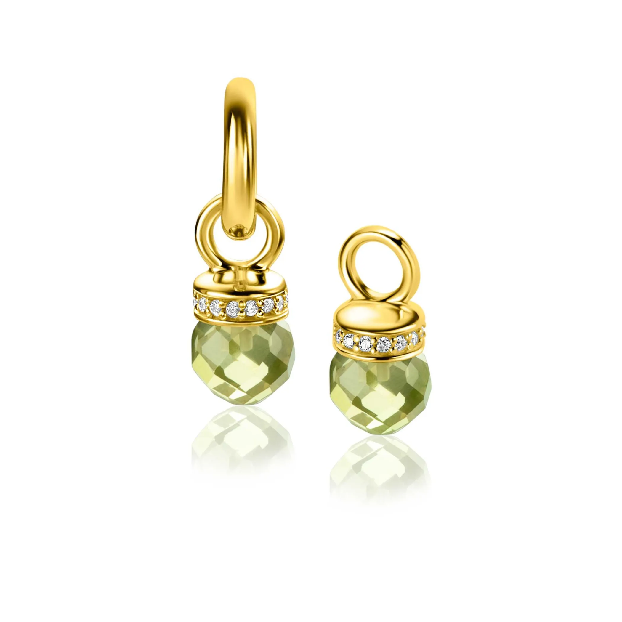 Hot Zinzi 15mm gold plated zilveren oorbedels met ronde groen peridot kleurstenen en bezet met witte zirconia's ZICH2428 (zonder oorringen)