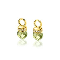 Hot Zinzi 15mm gold plated zilveren oorbedels met ronde groen peridot kleurstenen en bezet met witte zirconia's ZICH2428 (zonder oorringen)