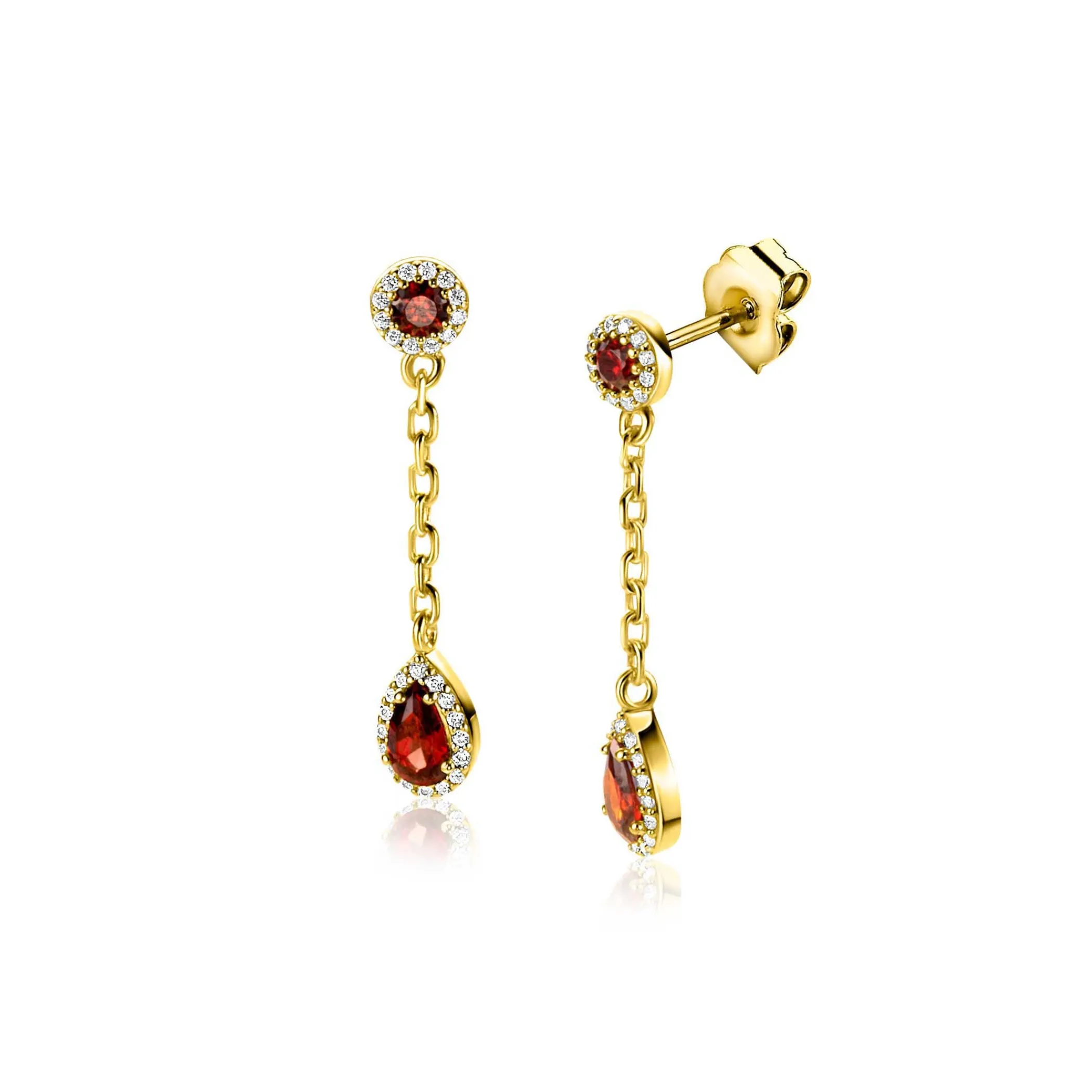 Clearance Zinzi 25mm gold plated zilveren oorstekers met schakelkettinkje en druppelvormige rood granaat kleursteen en witte zirconia's ZIO2560