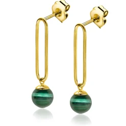 Discount Zinzi 35mm gold plated zilveren oorstekers met lange paperclip schakel en groene cateyes in bolvorm ZIO2420