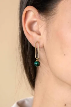 Discount Zinzi 35mm gold plated zilveren oorstekers met lange paperclip schakel en groene cateyes in bolvorm ZIO2420