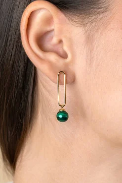 Discount Zinzi 35mm gold plated zilveren oorstekers met lange paperclip schakel en groene cateyes in bolvorm ZIO2420