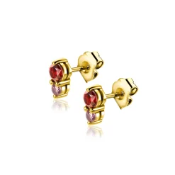 Zinzi 6,5mm gold plated zilveren oorknoppen ronde chatonzettingen rood granaat en paarse kleurstenen ZIO2563