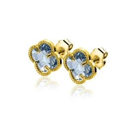 New Zinzi 9mm gold plated zilveren oorstekers in klaver vorm met lichtblauwe kleursteen ZIO2662B