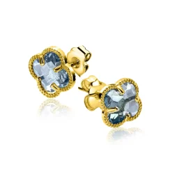 New Zinzi 9mm gold plated zilveren oorstekers in klaver vorm met lichtblauwe kleursteen ZIO2662B