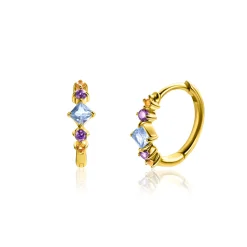Outlet Zinzi 15mm gold plated zilveren oorringen met blauw, paars en champagne kleurstenen in ruitvorm, met luxe klap-sluiting 15x2mm ZIO2443