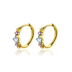 Outlet Zinzi 15mm gold plated zilveren oorringen met blauw, paars en champagne kleurstenen in ruitvorm, met luxe klap-sluiting 15x2mm ZIO2443