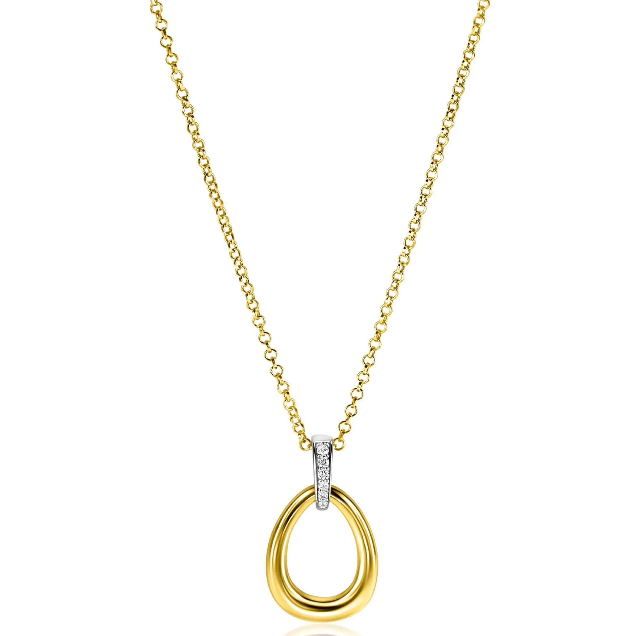 New Zinzi 26mm gold plated zilveren bicolor hanger druppelvorm glad met witte zirconia's ZIH1709Y (zonder collier)