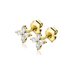Best Zinzi 7,5mm gold plated zilveren oorknoppen met bloem bezet met vier druppelvormige witte zirconia's ZIO2624