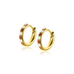 Outlet Zinzi 12mm gold plated zilveren oorringen bezet met ronde witte zirconia's en rood granaat kleurstenen 2mm buisdikte met luxe klapsluiting ZIO2558
