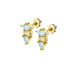 New Zinzi 9,5mm gold plated zilveren oorstekers met drie verschillende vormen van zettingen, bezet met champagne en blauwe kleurstenen ZIO2630BC