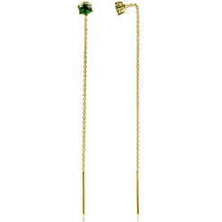 Outlet Zinzi 80mm gold plated zilveren doortrek oorbellen met chatonzetting 5mm groene kleursteen en sierlijk kettinkje ZIO2576GG