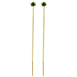 Outlet Zinzi 80mm gold plated zilveren doortrek oorbellen met chatonzetting 5mm groene kleursteen en sierlijk kettinkje ZIO2576GG