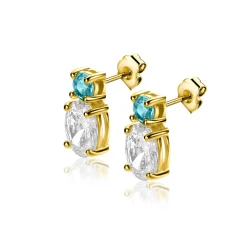 Best Zinzi 12mm gold plated zilveren oorstekers, bezet met een kleine ronde blauwe kleursteen en ovale witte zirconia ZIO2438
