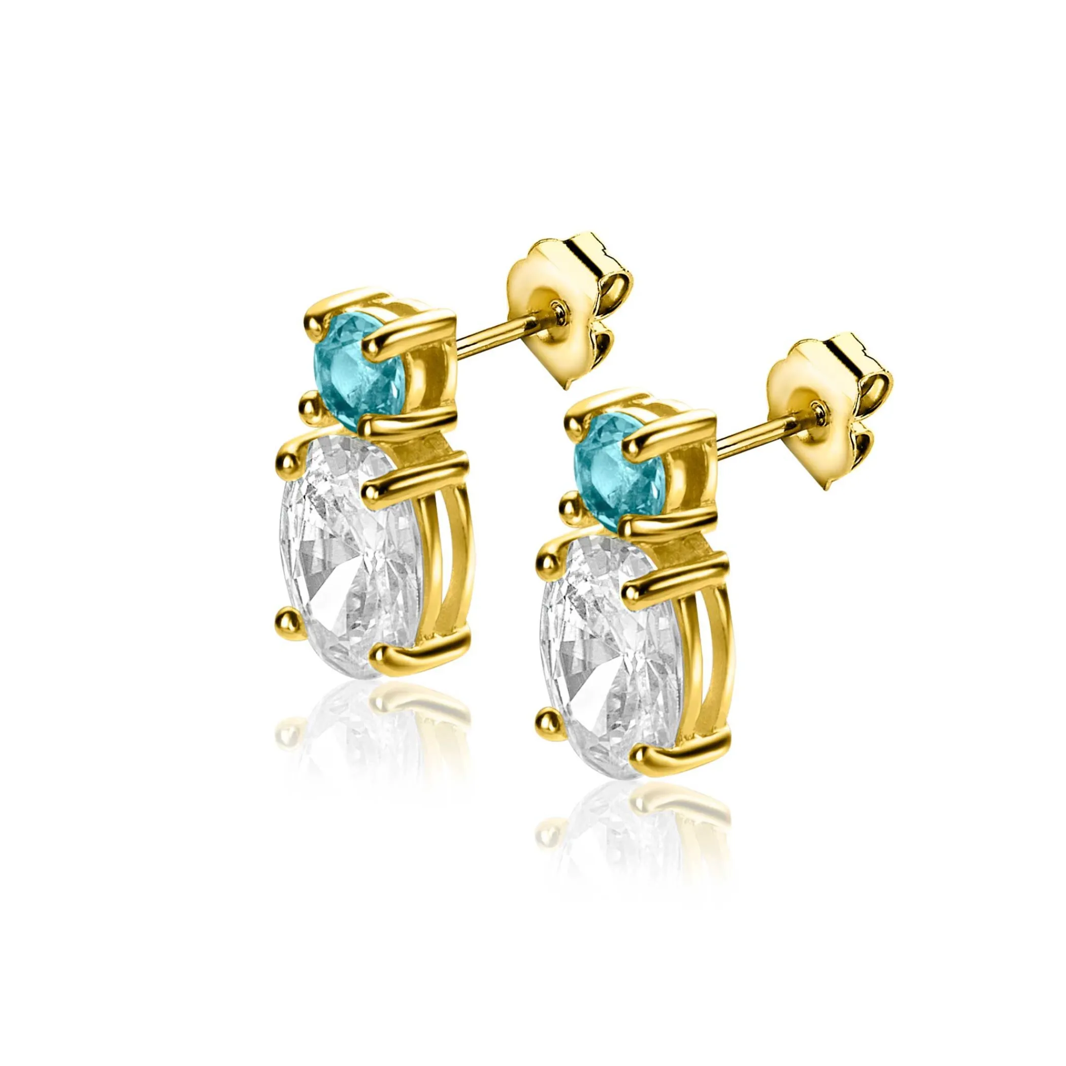 Best Zinzi 12mm gold plated zilveren oorstekers, bezet met een kleine ronde blauwe kleursteen en ovale witte zirconia ZIO2438