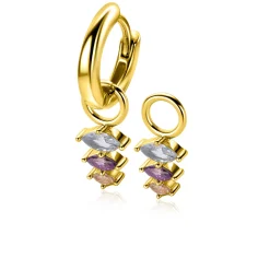 Best Zinzi 13mm gold plated zilveren oorbedels met drie peervormige zettingen in aflopende grootte, bezet met lichtblauwe, paarse en champagne kleurstenen ZICH2631BC (zonder oorringen)